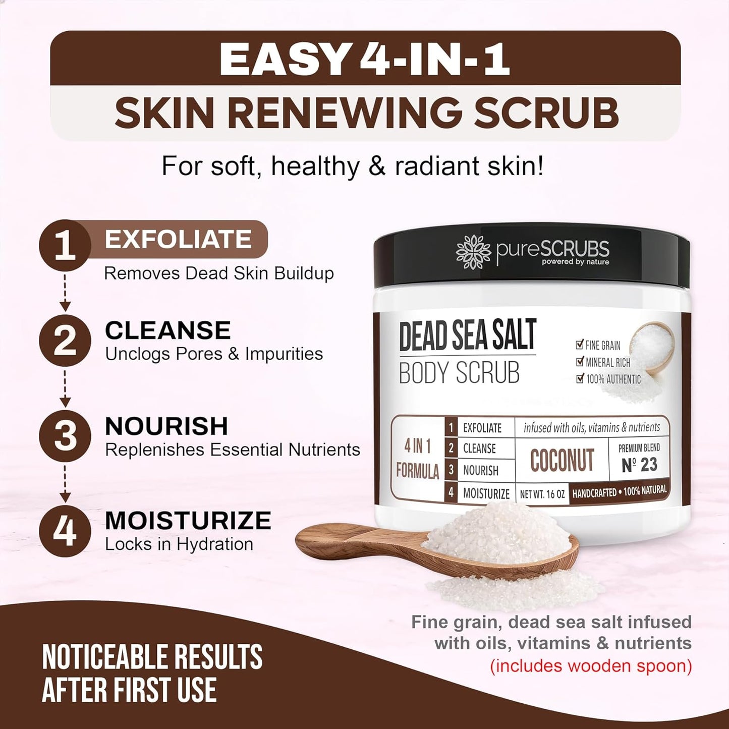 Premium Coconut Body Scrub Set - Large 16Oz Dead Sea Salt Body Scrub with Infused Essential Oils & Nutrients, Includes Wooden Spoon, Loofah & Oatmeal Exfoliating Bar Soap