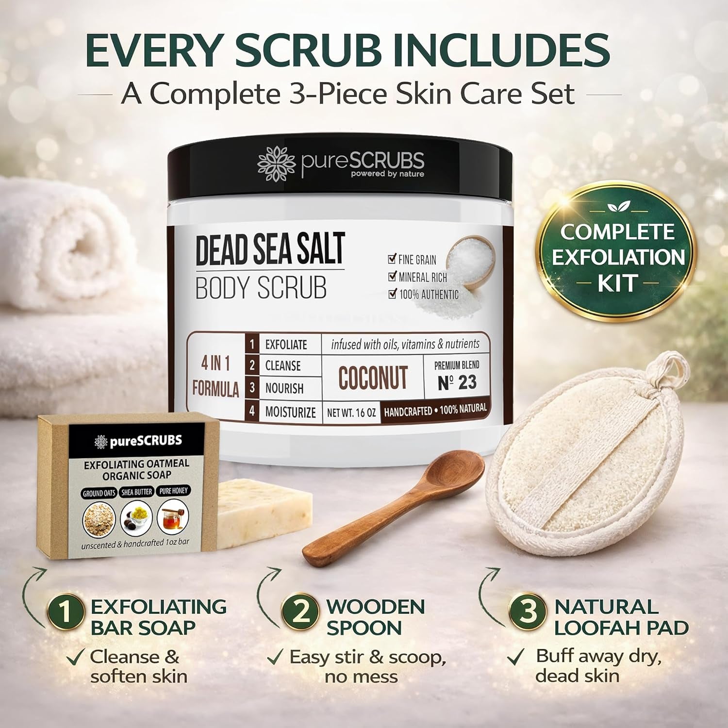 Premium Coconut Body Scrub Set - Large 16Oz Dead Sea Salt Body Scrub with Infused Essential Oils & Nutrients, Includes Wooden Spoon, Loofah & Oatmeal Exfoliating Bar Soap