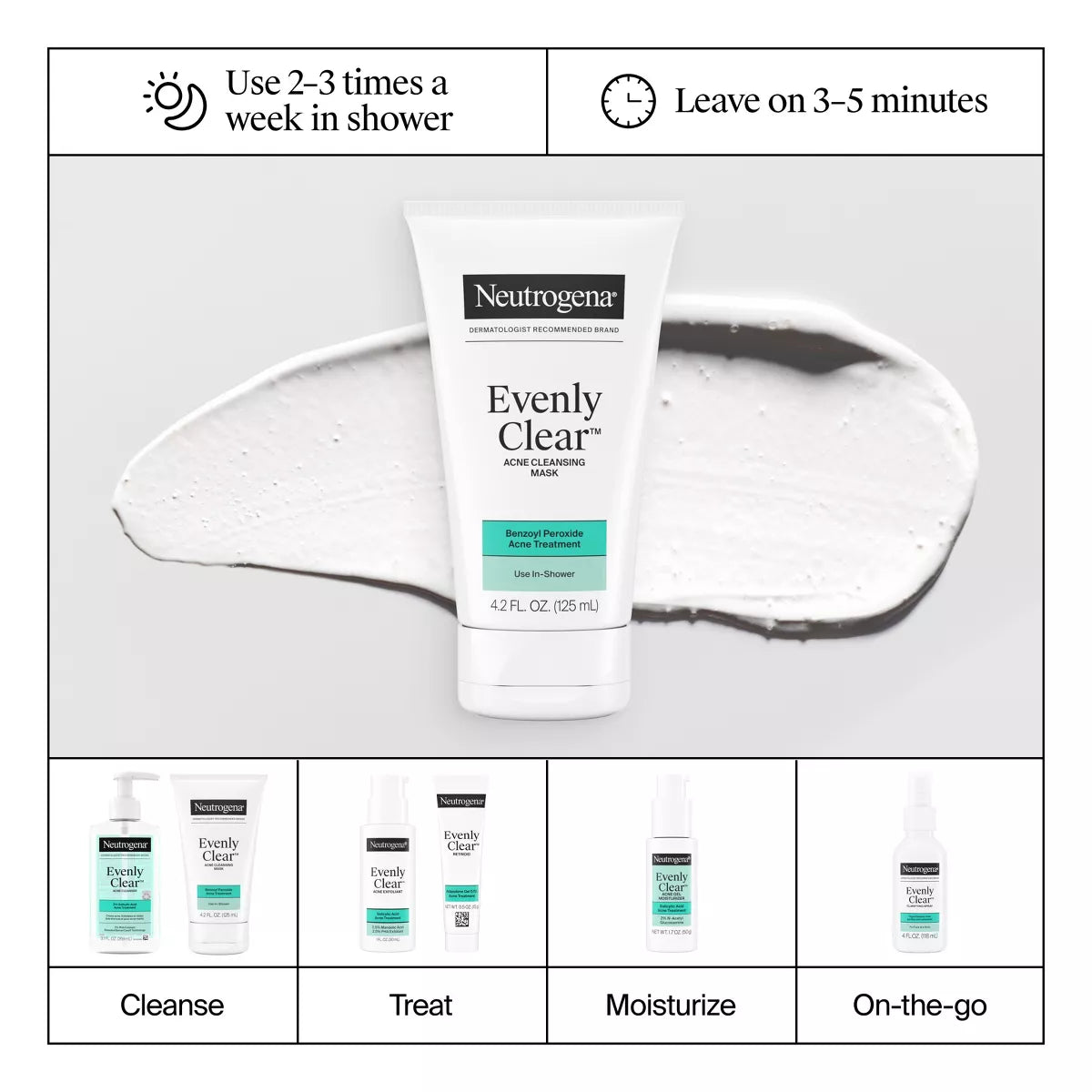 Neutrogena Evenly Clear Acne Cleansing Mask with Benzoyl Peroxide - 4.2 Fl Oz: No Fragrance Added, Vegan, Noncomedogenic